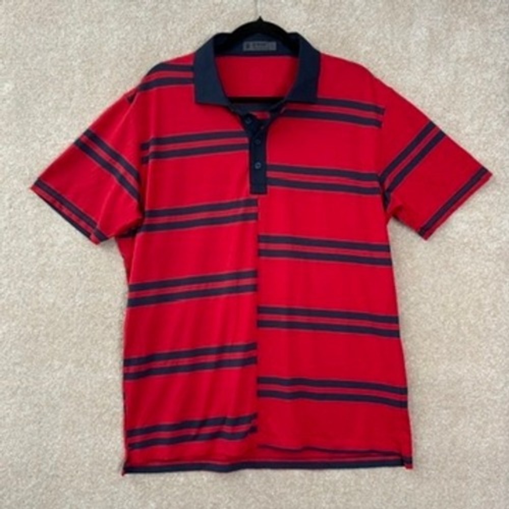 G/FORE Polo Shirt Mens Large Red Navy Blue Striped Short Sleeve Golf Performance